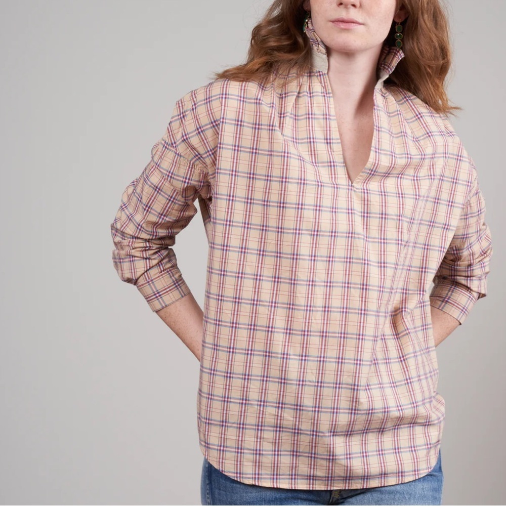 A Shirt Thing Penelope Plaid Top Toast Cotton Long Sleeve Blouse XS Timeless USA
